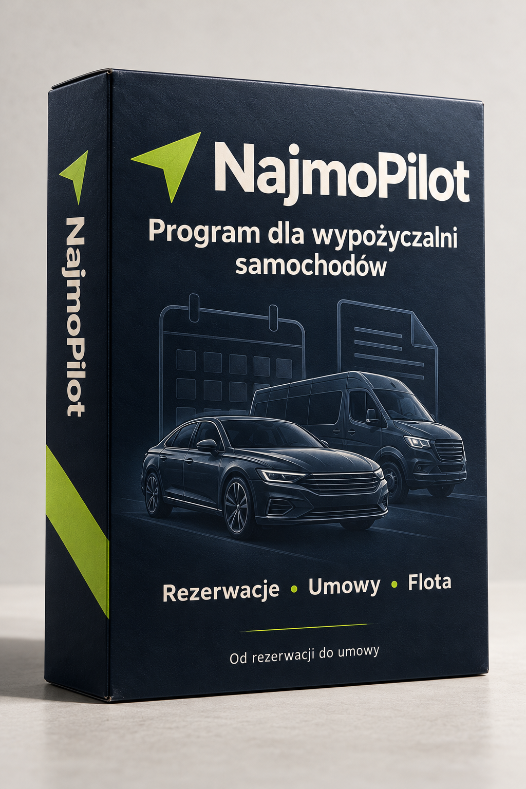 Pudełko z oprawą marki NajmoPilot: granatowe opakowanie z zielonym znakiem, samochodem osobowym i busem